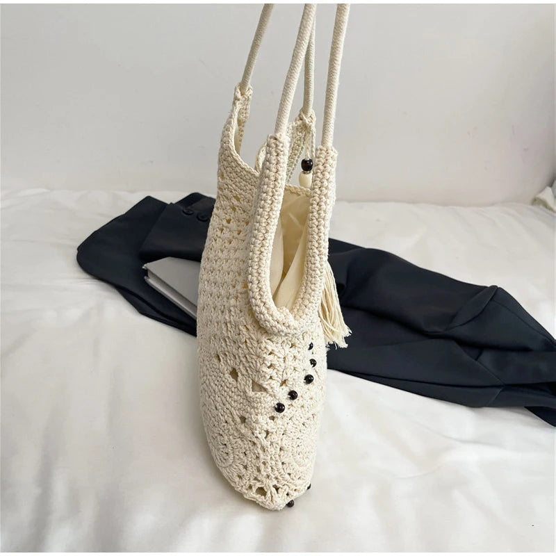 Hollow Crochet Women Bags Bohemian Large Capacity Handbags Korean Popular Bag New Tassel Cotton Shopping Bag Shoulder Bag Women