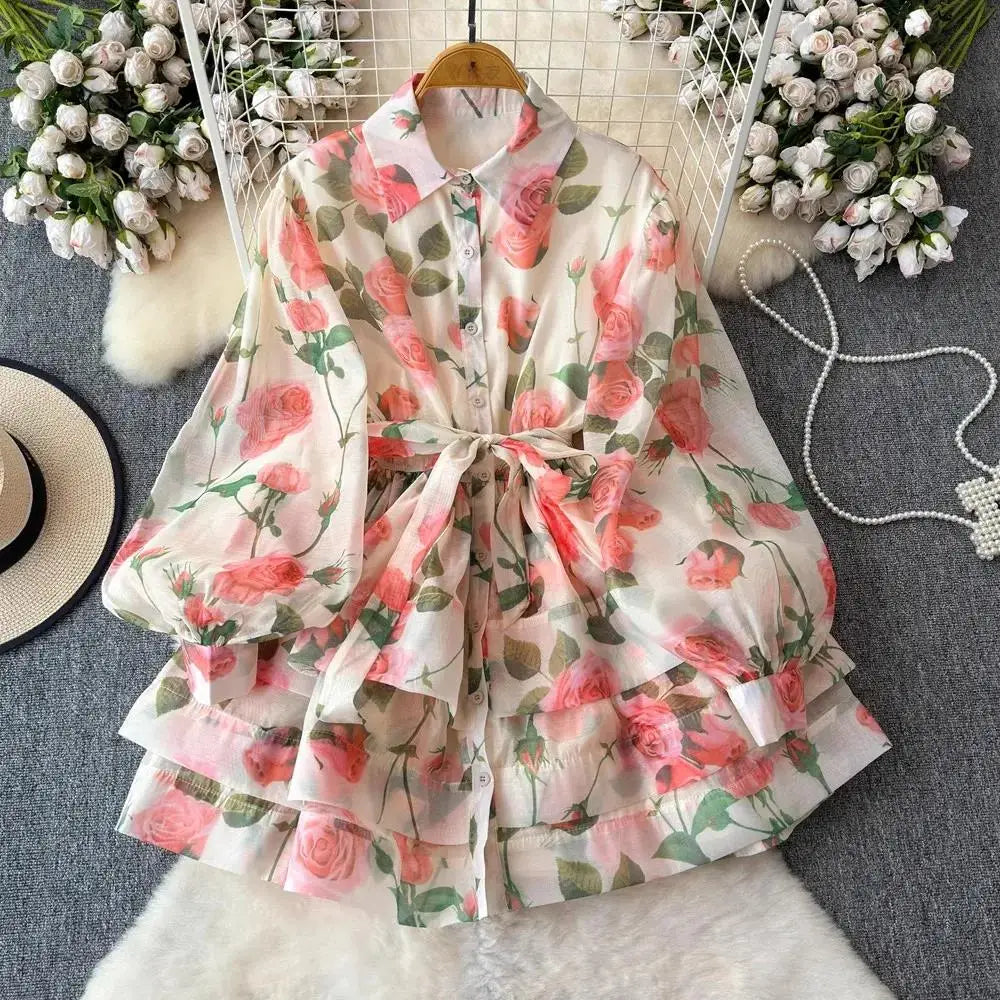 Women Lantern Sleeve Floral Print Lace Up Belt Summer Ball Gown Cute Dress Holiday Gorgeous Flower Ruffles Layer Cake Mini Dress