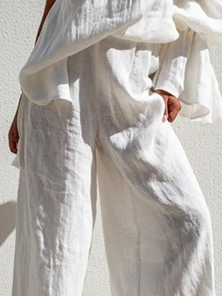 Beautyblue Casual Daily Pants Women Loose Wide Leg Pants 2025 Summer Solid Color Vacation High Waisted Elasticity White Trousers
