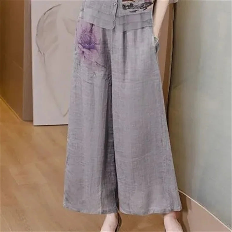 Grey Summer Art Embroidery Chinese Style Set Linen Western Style Summer Wide Leg Pants Casual Fashion Two piece Cotton Set XXXL