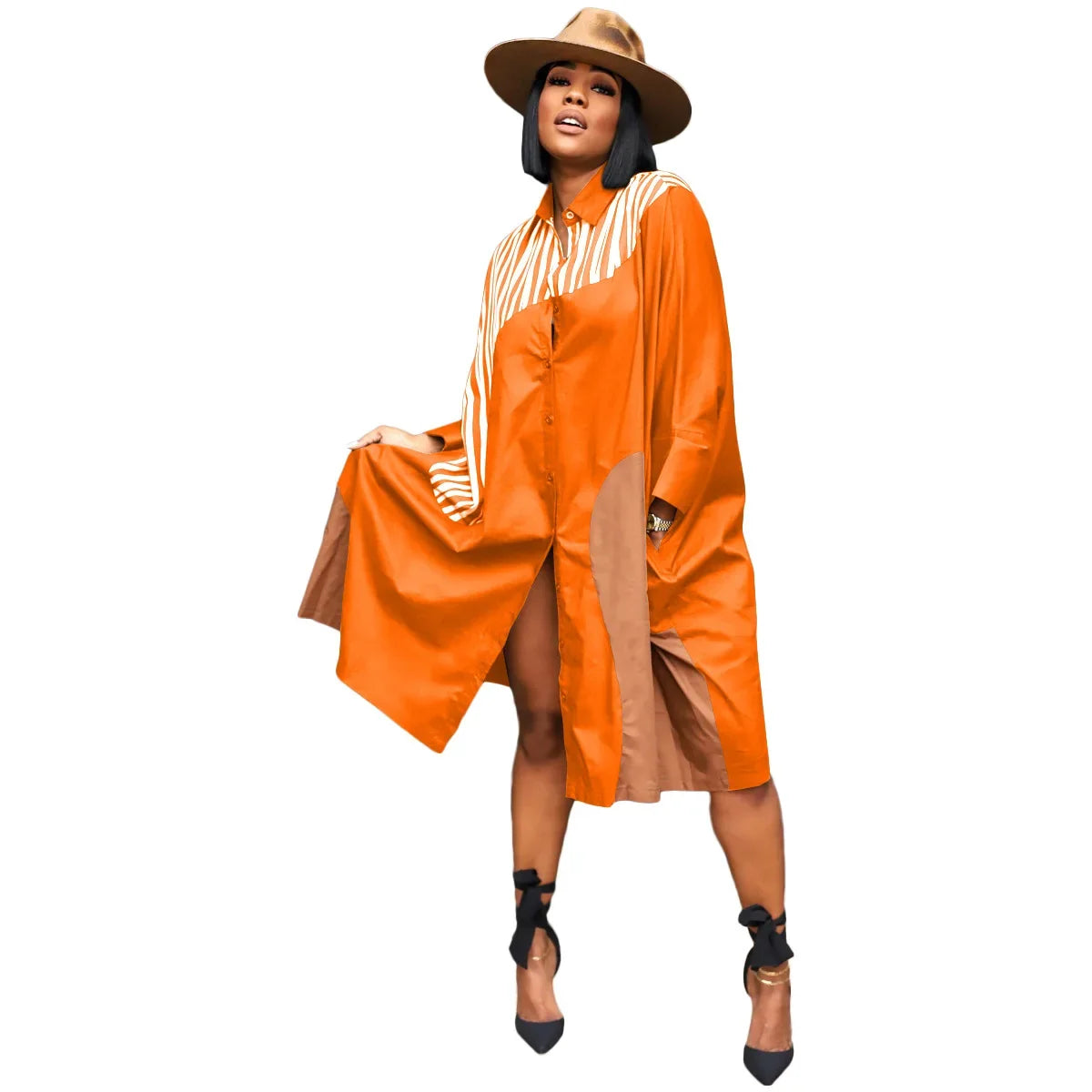 CM.YAYA Elegant Patchwork Women Long Sleeve Single Breasted Loose Shirt Dress Street Fashion Slim Striped Smock INS Dresses