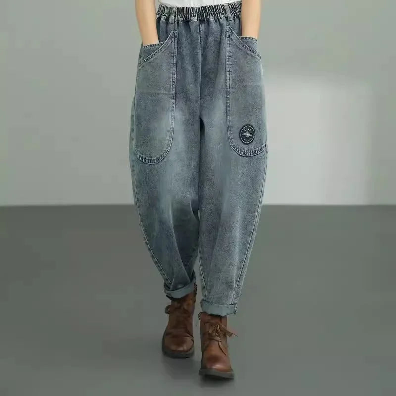 Women Loose Denim Tight Harem Pants 2024Summer Female Fashion Big Pocket BF Wind Elastic High Waist Ankle Jeans Female Trend B98