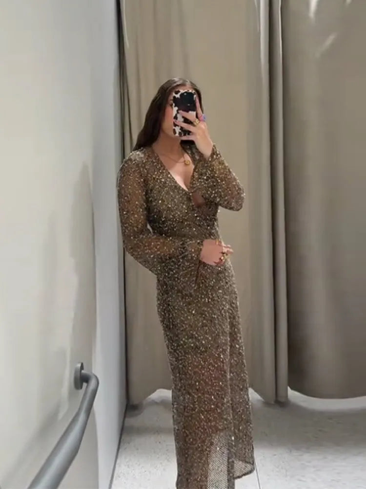 Sequin Maixi Dress Woman Deep V-neck Sparkling Lace Up Trumpet Sleeves Slim Long Dresses Sexy Perspective Party Women's Robe