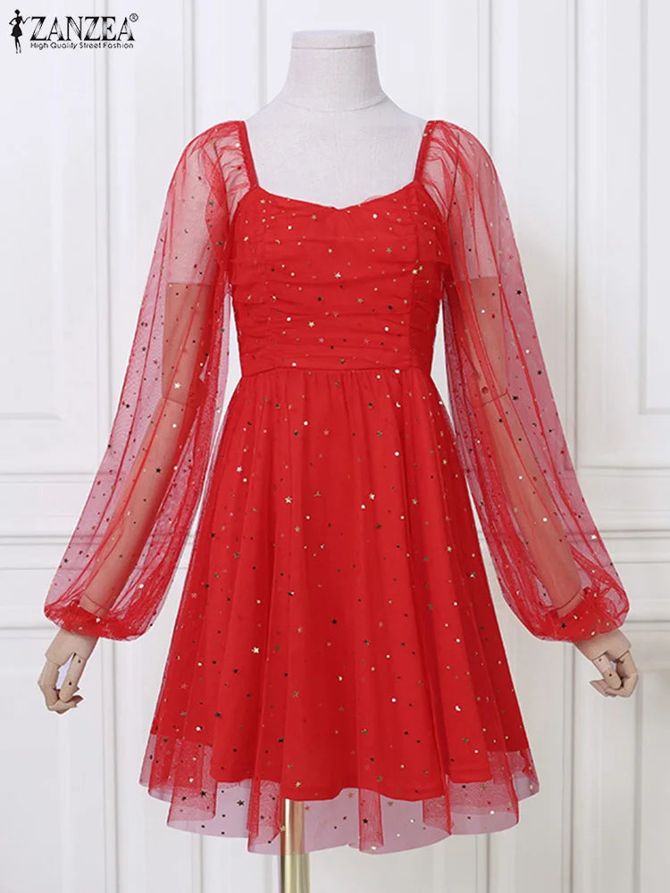 ZANZEA Elegant Women Dress 2024 Spring Summer Lace Patchwork Knee Length Dresses Casual Solid Long Sleeve A-line Oversized Robe