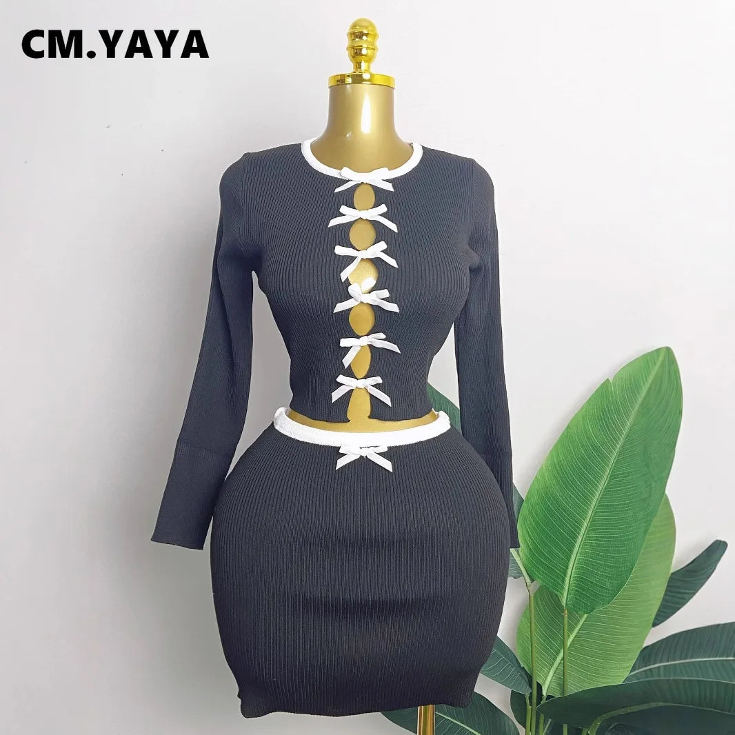 CM.YAYA Knit Ribbed Women's Set Long Sleeve Bowknot Tops and Mini Skirts 2025 Street Party Two 2 Piece Sets Outfits Tracksuits