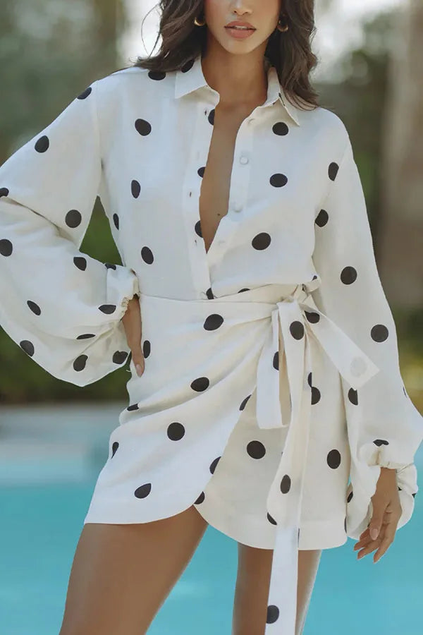 Women Summer New Long-sleeved Printed Polka Dot Shirt Top & Casual Loose Shorts 2pcs Set