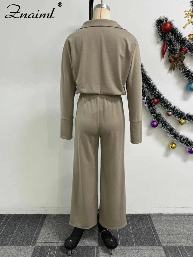 Znaiml Casual Office Lady 2 Piece Sets Women Summer Long Sleeve V Neck Polo Shirt Tops and Wide Leg Pants Streetwear Outfit 2025