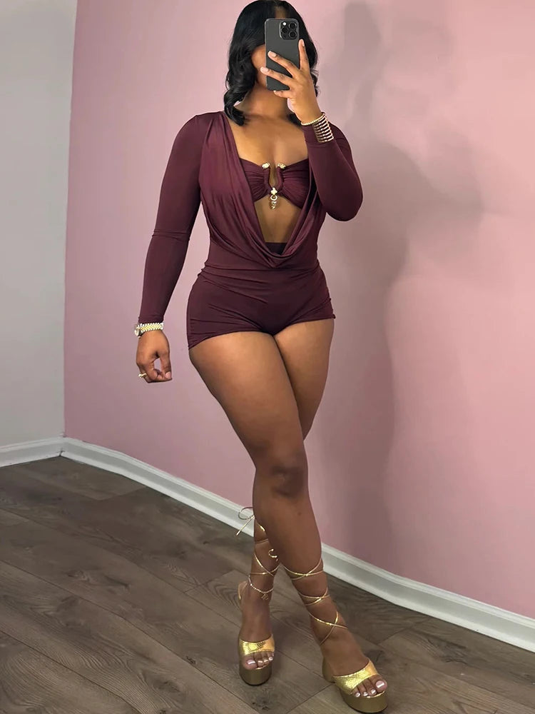 Weird Puss Sexy Women Swing Collar Romper+Metal buckle Bra Hipster Midnight Party Coquette New Spring Trend Workout Playsuits