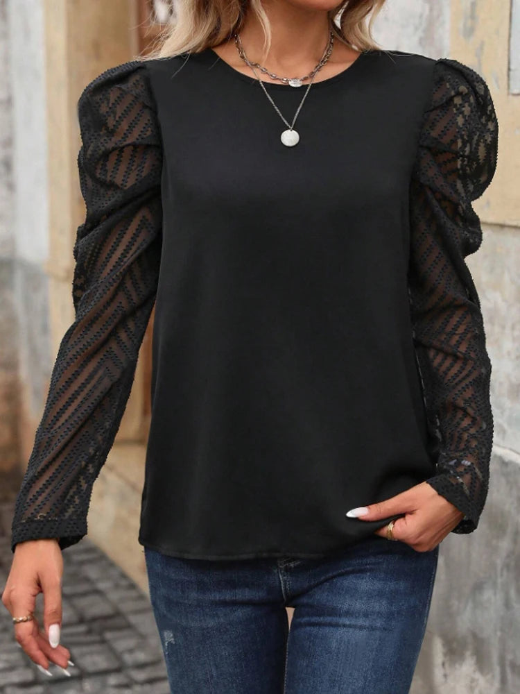 Ladies Spring Summer Floral Embroidery Mesh Long Sleeve Shirt Back Strap Design Elegant Casual Women's Top
