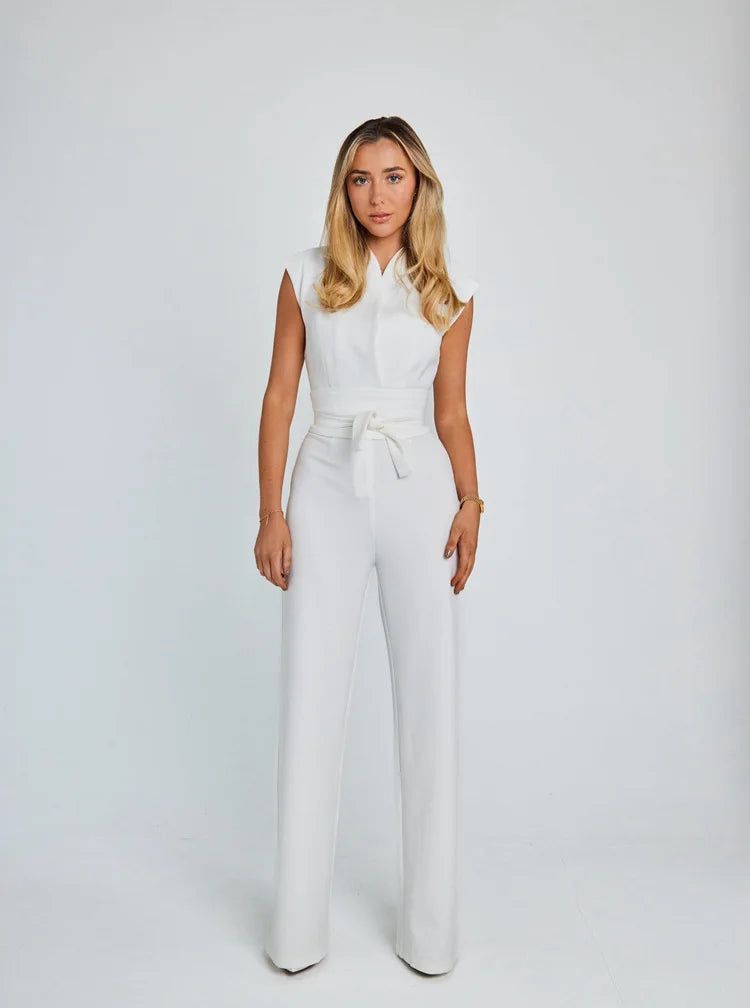 Spring New Women's Long Jumpsuit Elegant V-neck with High Waist Belt Straight Wide for Jumpsuit Holiday Style Casual Jumpsuit