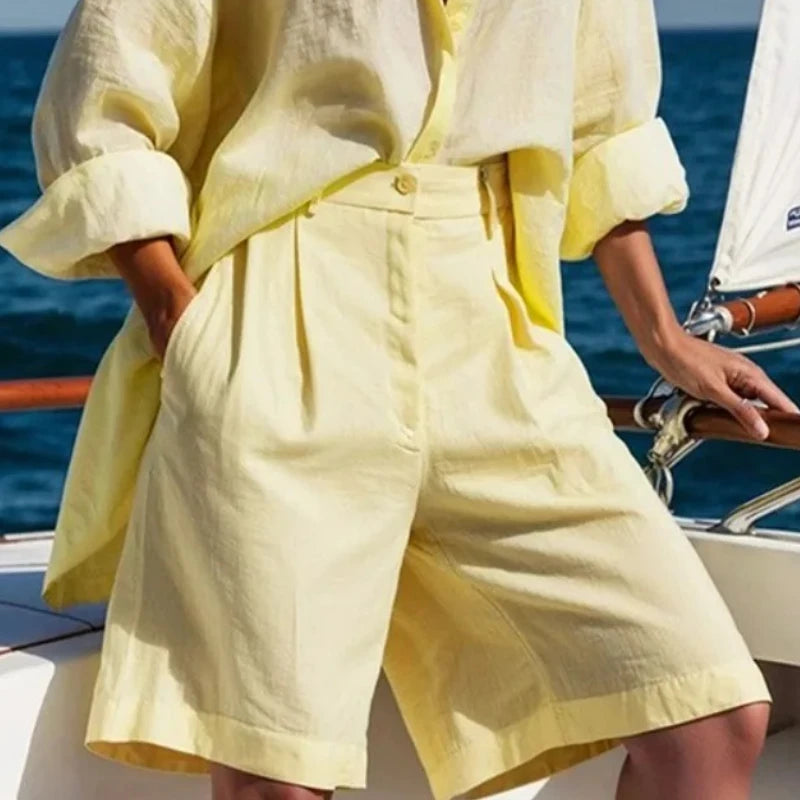 Beautyblue Casual Shorts for Women Cotton Linen Wide Leg Shorts New Fashion Loose High Waisted Pleated Elegant Yellow Half Pants