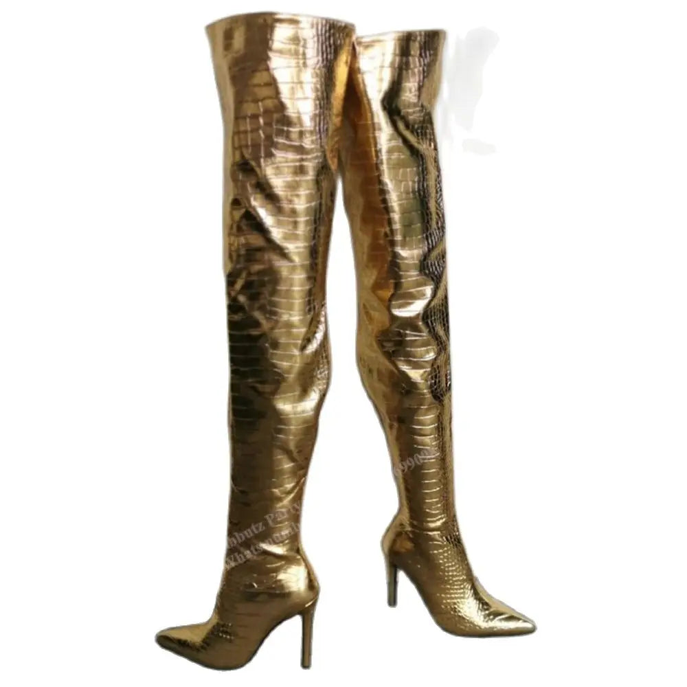 Golden Boots Over The Knee Crocodile Pattern Patent Leather Pointed Toe Thin Heel Nightclub Sexy Fashion Women Shoes 2023 Newest