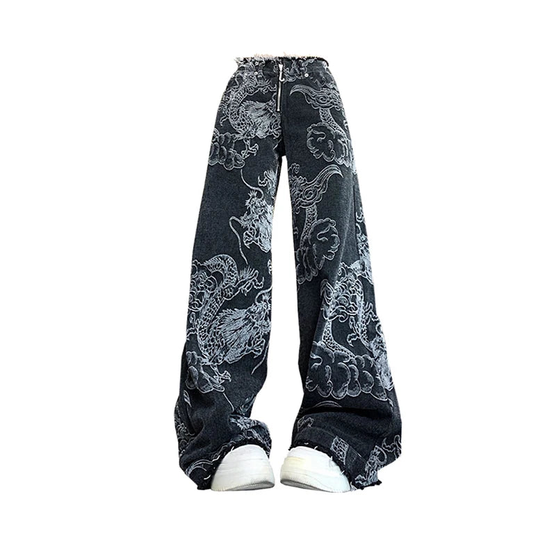 Women Black Gothic Dragon Print Jeans Baggy Vintage Aesthetic Cowboy Pants Harajuku Denim Trousers Y2k Trashy 2000s Clothes 2024