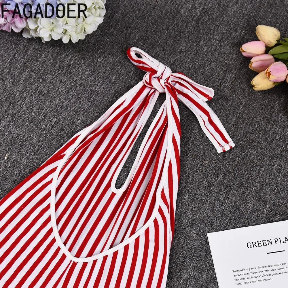 FAGADOER Casual Striped Patchwork Bodycon Romper Women Red Halter Deep V-neck Backless Jumpsuit Female Streetwear Overalls New