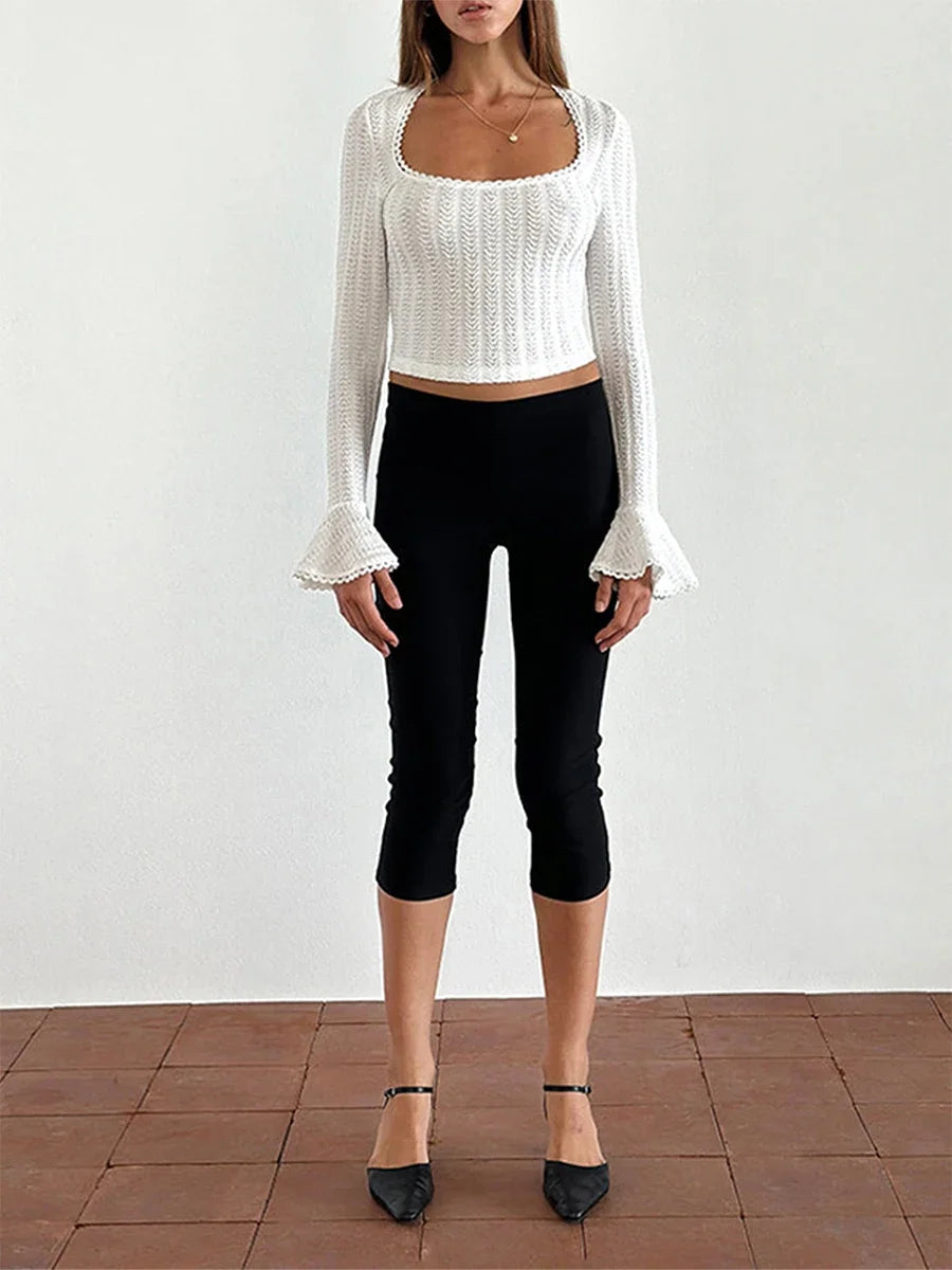 Women's Solid Color T-Shirts Autumn Textured Picot Trim Scoop Neck Long Bell Sleeves Slim Fit Crop Tops Female Casual Pullovers