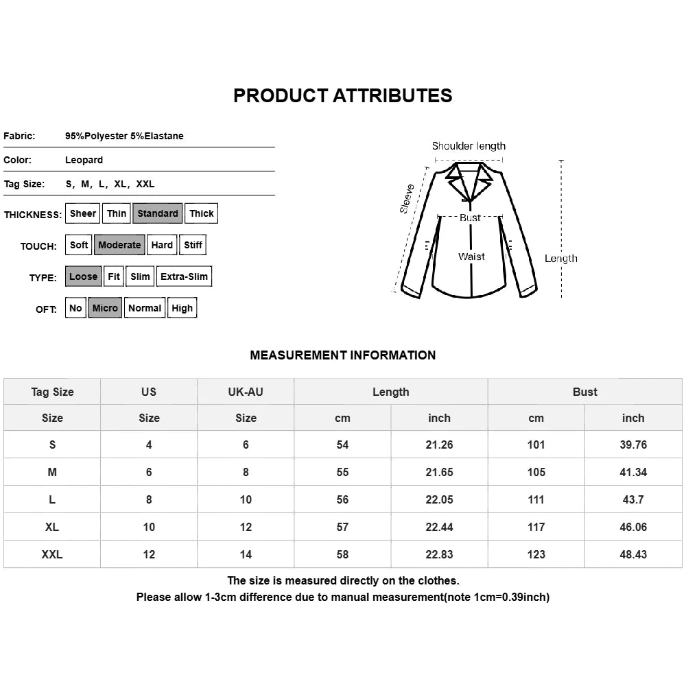 Women's Leopard Stand-Up Collar Long Sleeve Zipper Cardigan Coat Jackets Autumn Ladies Casual Loose Outwear Outcoat Size S-2XL