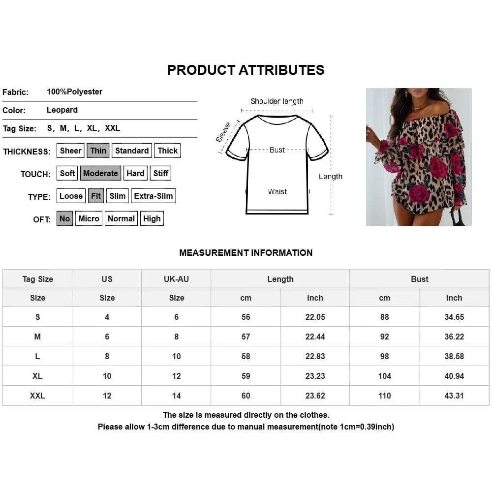 Women's Sexy Leopard Floral Printed Slash Neck Chiffon Blouse Autumn Spring Ladies Ruffle Casual Holiday Tops Size S-2XL