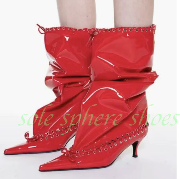 White Bowtie Pleated Punk Style Knee High Boots for Women