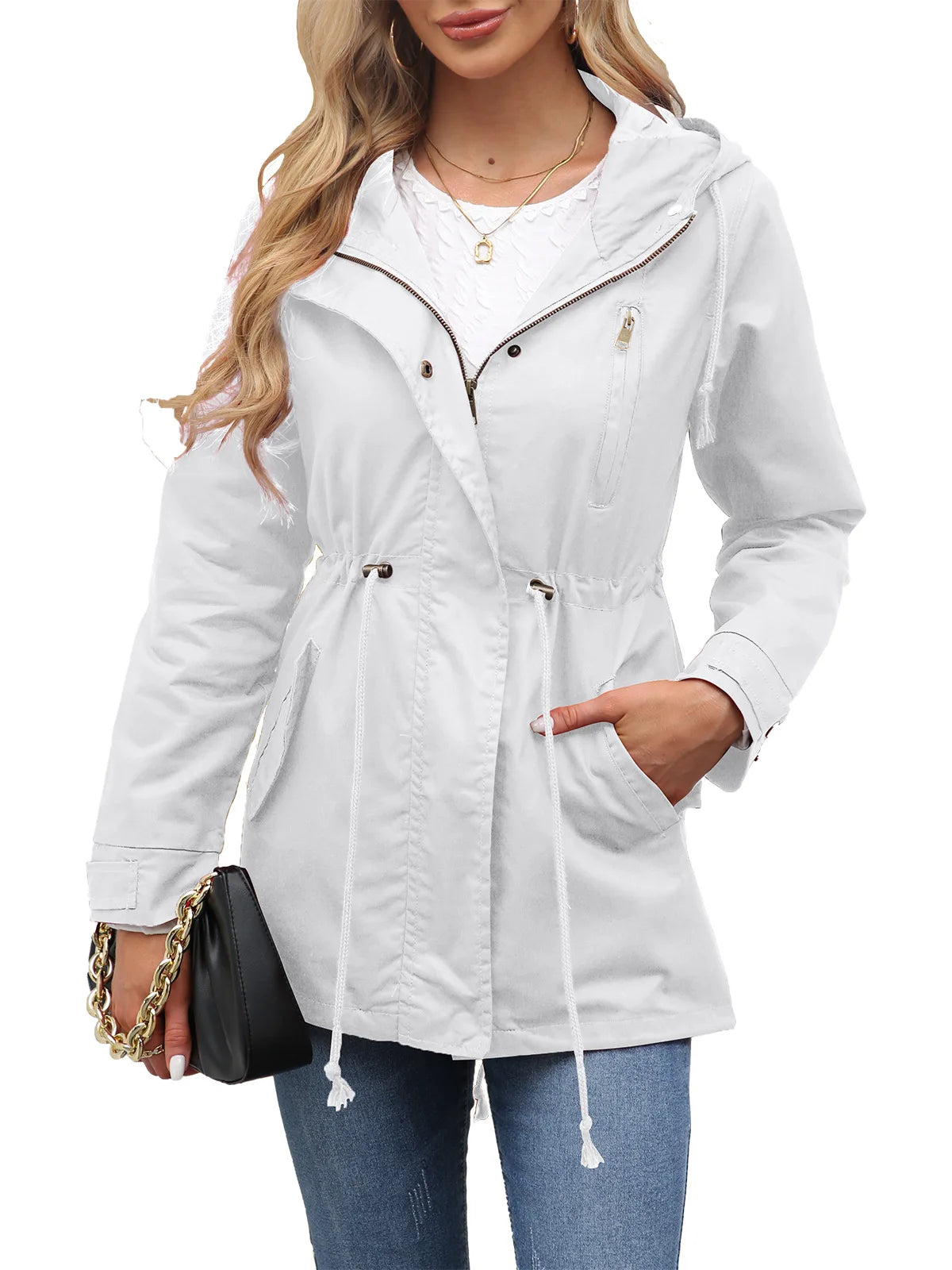 Women's Hooded Trench Coat Spring Autumn Fitted Solid Color Jacket for Daily Outdoor Camping Hiking
