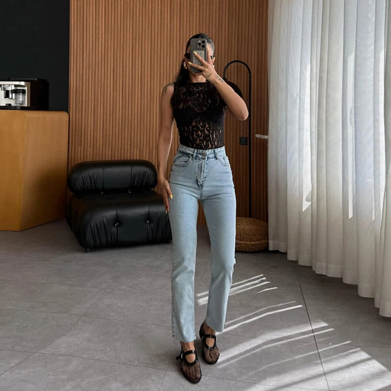 Women's Casual O Neck Sleeveless Irregular Tees 2025 Summer Solid Color Waist Blouses Perspective Lace Slim Fit Club Party Tops