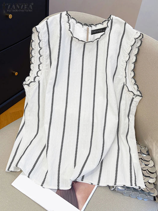 ZANZEA Women Fashion Striped Tanks Elegant Lace Trim Round Neck Sleeveless Tops 2025 Summer Lightweight Casual Tank Tops