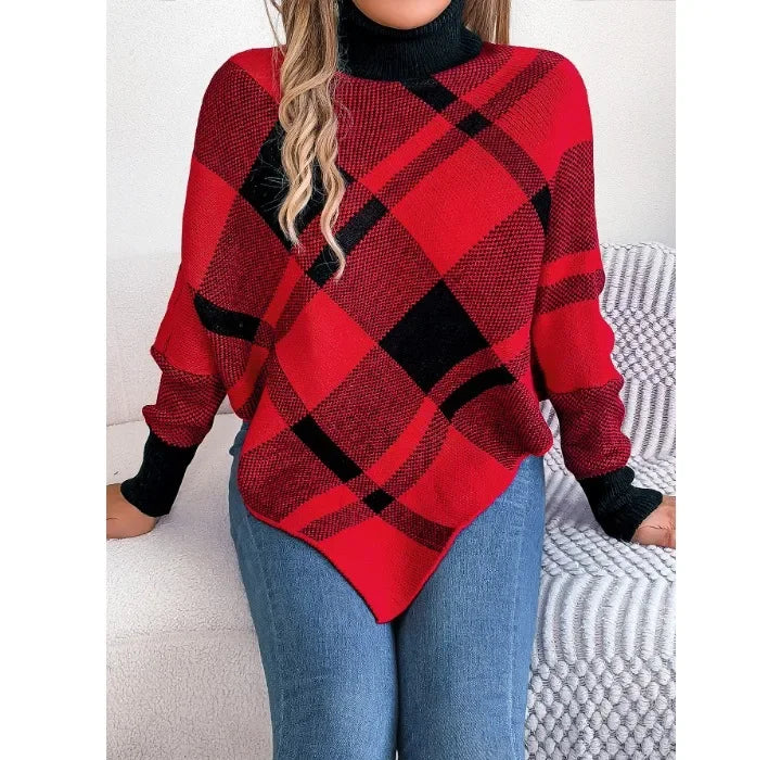 Casual Christmas Sweater Women Clothing Color Contrasting Checkered High Collar Long Sleeve Hooded Tops Y2k 2024 Autumn/Winter