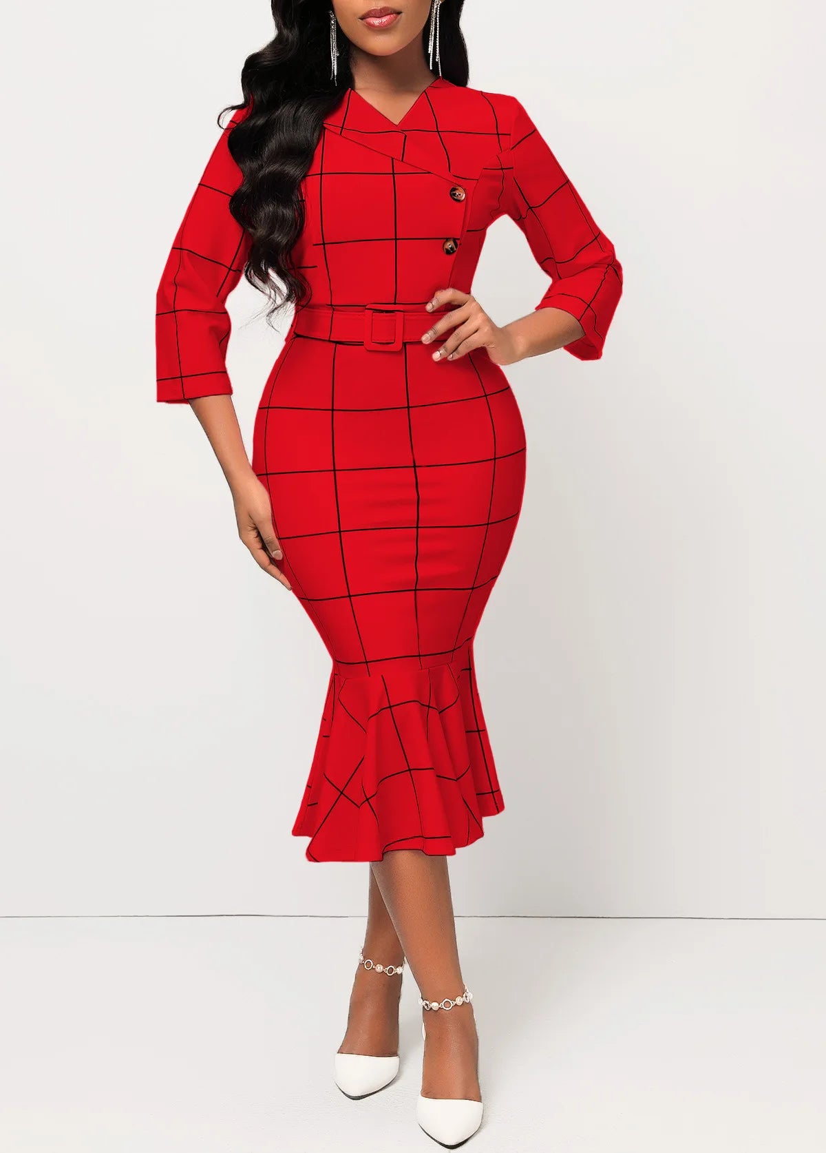 Sexy fashion solid color seven-quarter sleeve small V-neck women's dress SMR12189