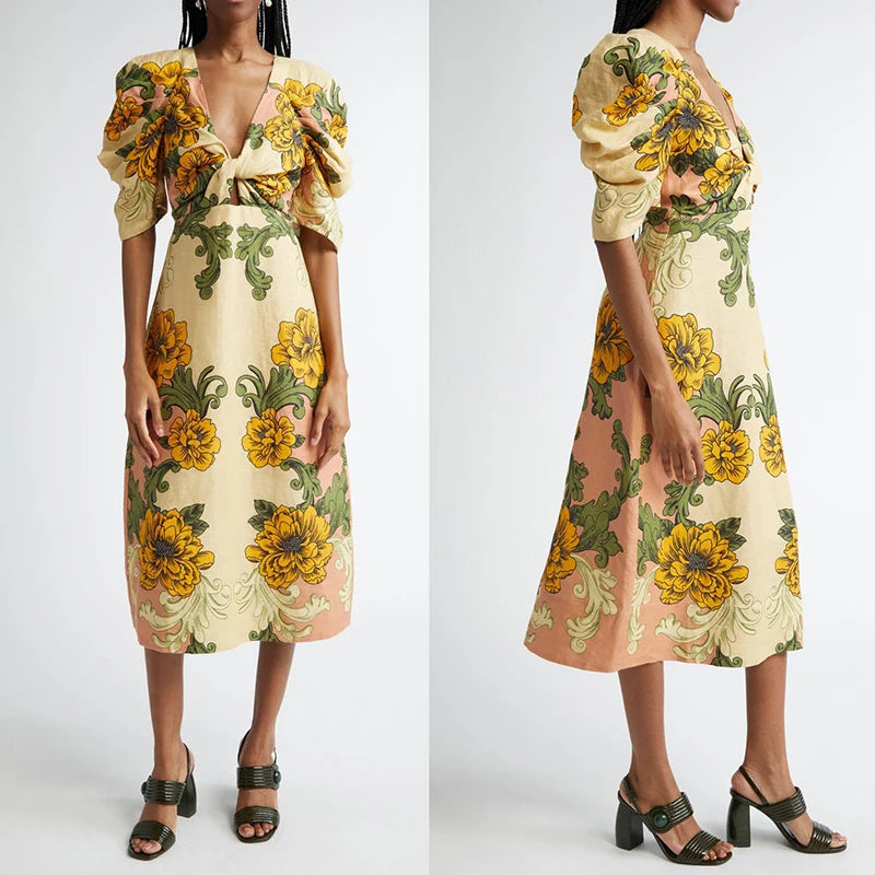Casual Women's Beach Long Dresses Sexy Deep V Neck Puff Sleeve Party Dress New Summer Retro Printed High Waisted Dress Vestidos