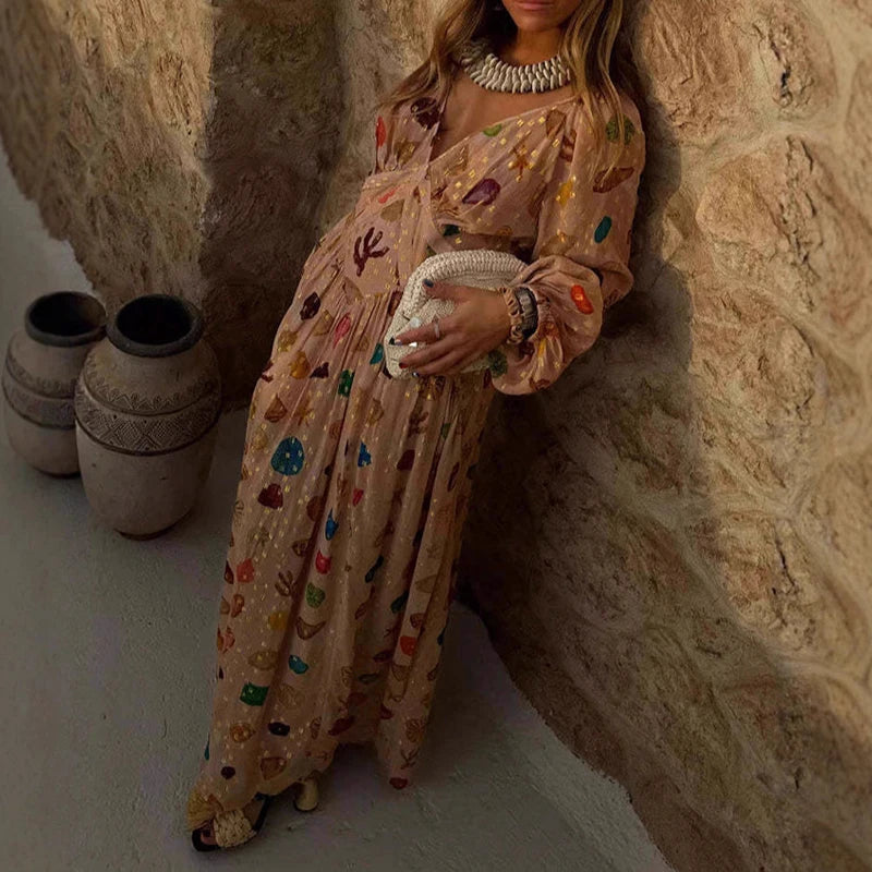 Fashion Hight Waist Pleated Chiffon Party Dress Sexy V-neck Long Sleeve Loose Long Dress Women Elegant Pattern Print Beach Dress