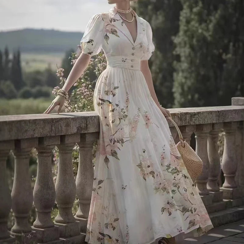 New Summer Puff Sleeve Pleated Women's Dress Casual Lapel Prom President Dresses Fashion Flower Print High Waist Holiday Dress