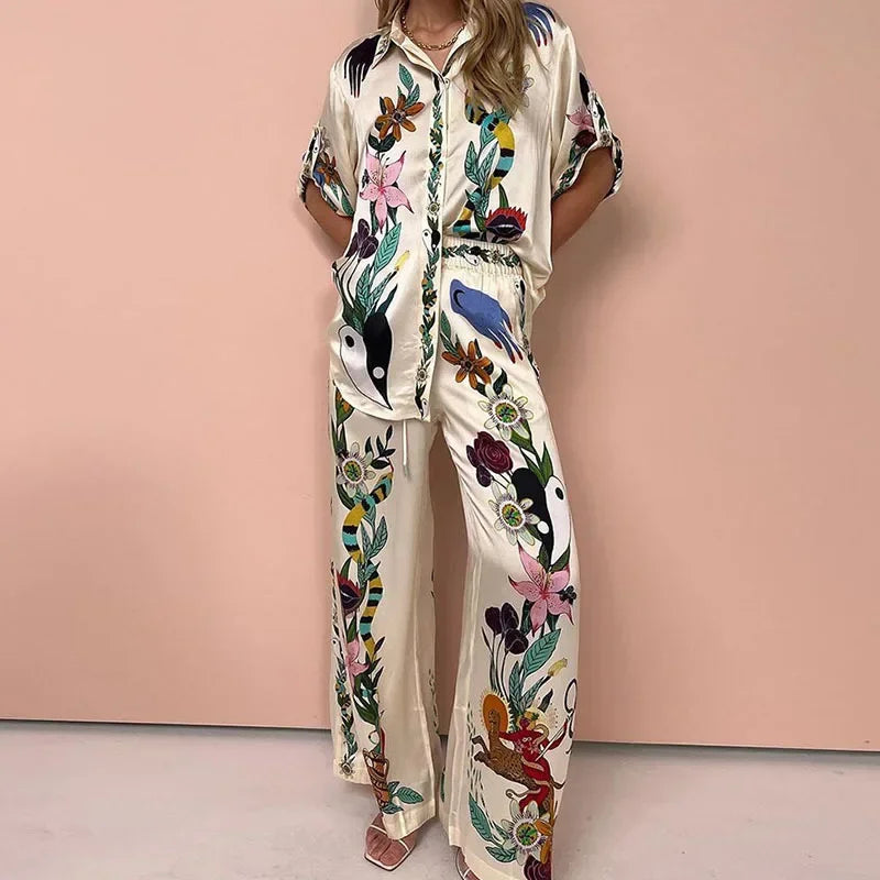 Long Sleeve Long Pant Sets Women Retro Lapel Single Breasted Blouses Trousers 2 Piece Set Printed Color-blocking Elastic Waist