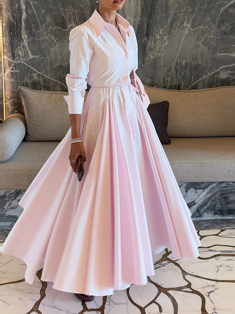 Solid Women's Casual Pleated Long Dress Fashion Lapel Full Sleeve Button Maxi Dress Lady 2025 Early Autumn Chic Street Robes