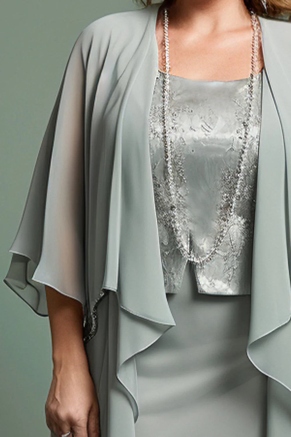 Flycurvy Plus Size Wedding Guest Sage Green Chiffon Printed Tea-Length Dress With Layered Jacket