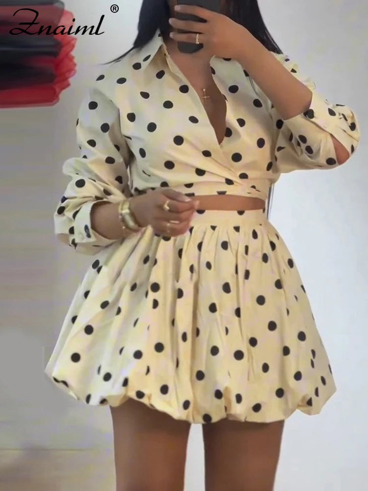 Znaiml Elegant Apricot Women 2 Piece Set Birthday Party Outfit Long Sleeve Crop Top and Ball Bown Skirt Polka Dot Suit Beachwear