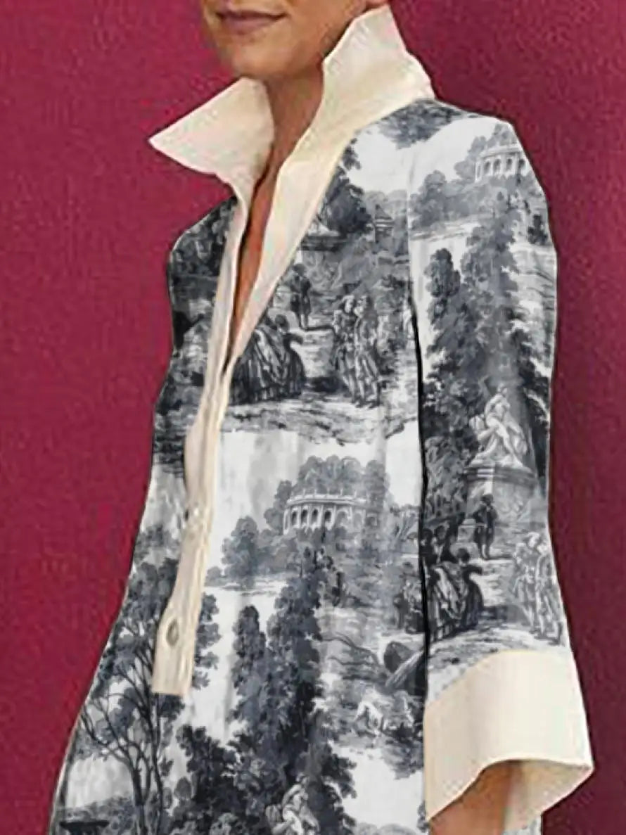 UOOZEE Women's Vintage Printed Lapel Shirts Dress 2024 New Spring Summer Long Sleeve Loose Elegant Evening Banquet Mini Dresses