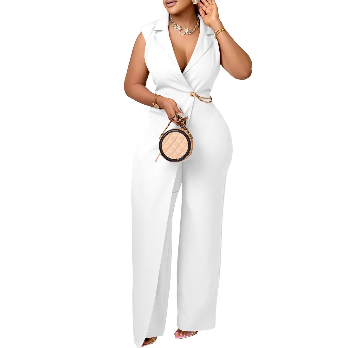 CM.YAYA Women Wide Leg V-Neck Sleeveless Jumpsuits Waist Chain 2024 Summer OL Beach Night Club Playsuit One Piece Suit Romper