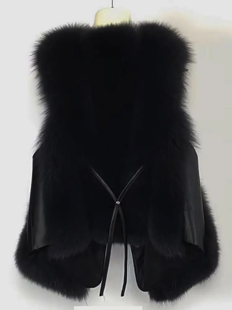 2025 Autumn Winter Women Vest Short Style Splicing Solid Color Fur Coat New