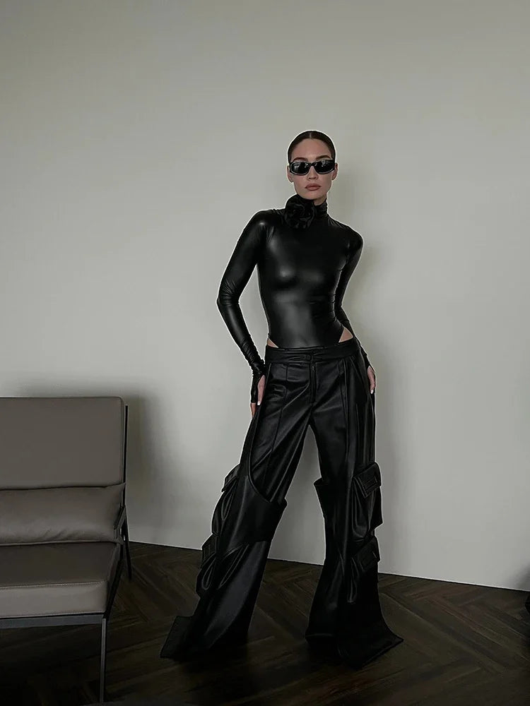 Women Faux Leather Bodysuits Long Sleeve High Neck Slim Jumpsuits Ladies Sexy Stretch Bodycon Bodysuits Party Clubwaer Custom