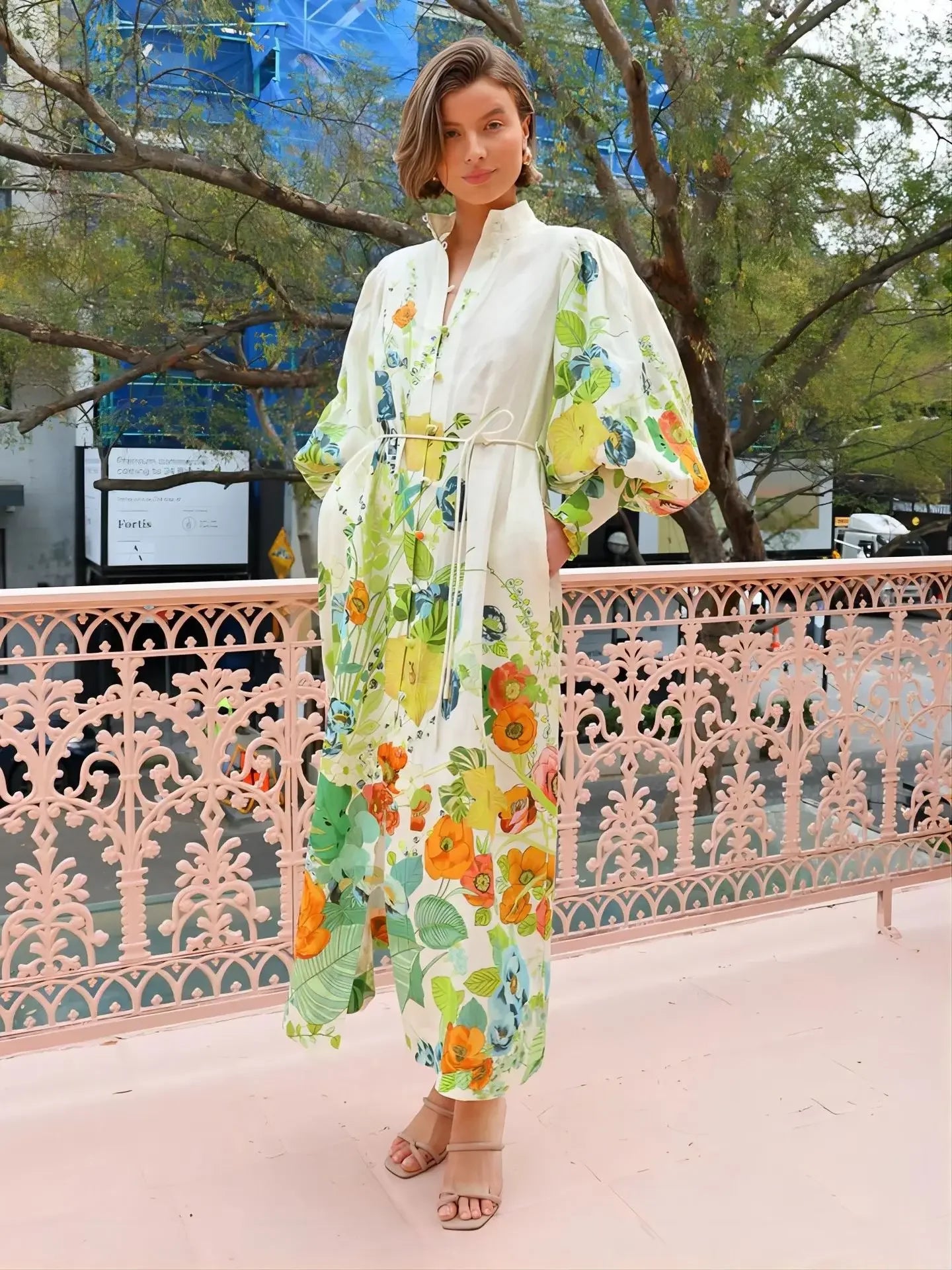 Waist-Cinching Long Lantern Sleeve Printed Dress with Belt Single Button Closure Independent Station Cross-Border Hot Sale Of Th