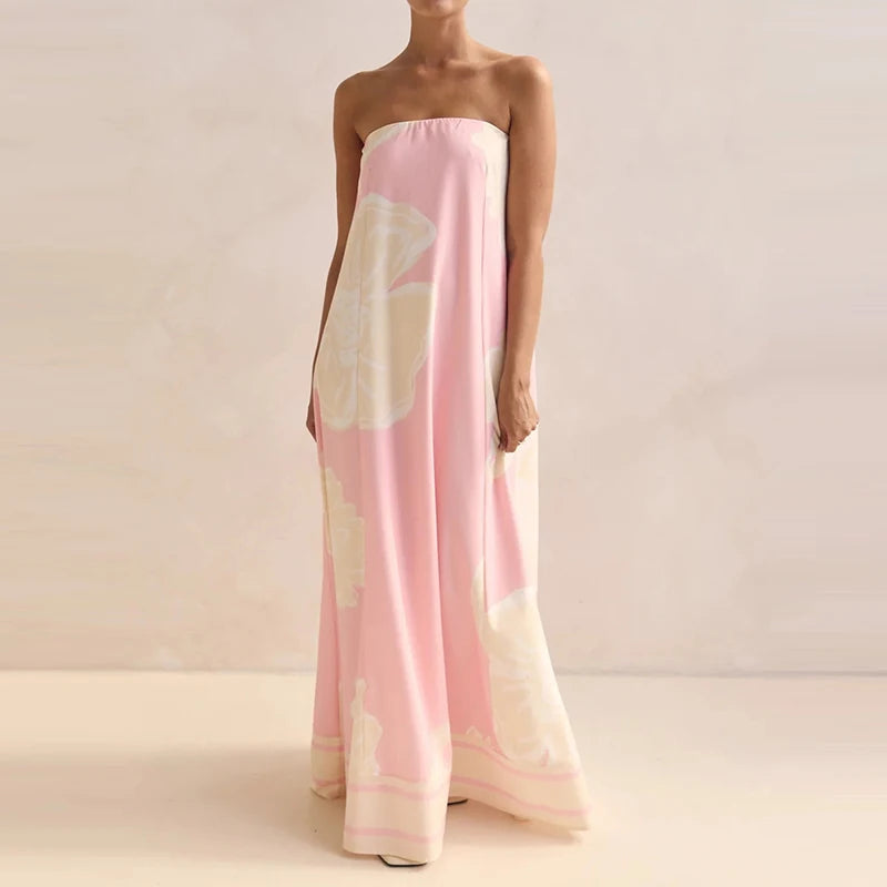 Casual Off Shoulder High Waist Loose Long Dress Backless Printed Holiday Women Dresses Summer Sexy Strapless Pleated Beach Dress