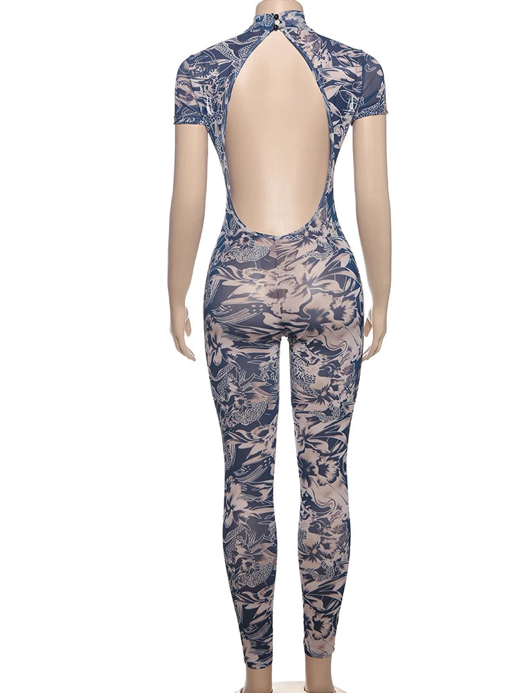 Weird Puss Serpentine Jumpsuit Women See Through Backless Short Sleeve Sexy Fit Summer Workout Overalls Stretch Button Clubwear