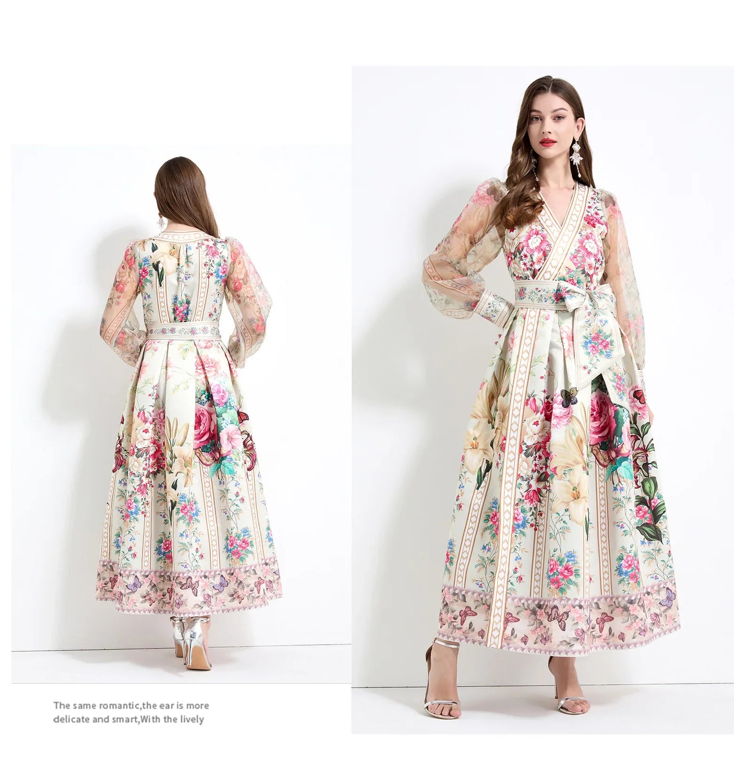 Retro Court Style V-Neck Lace Lantern Sleeve Belted Waist Design Large Print Dress Floral Print Women's Dress Fashionable Gown