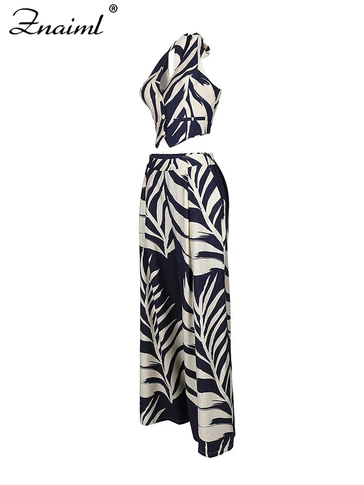 Znaiml Sexy Boho Leaf Printed Wide Leg Pants Sets for Women Halter Sleeveless Crop Tops and Trousers Two 2 Piece Vacation Outfit