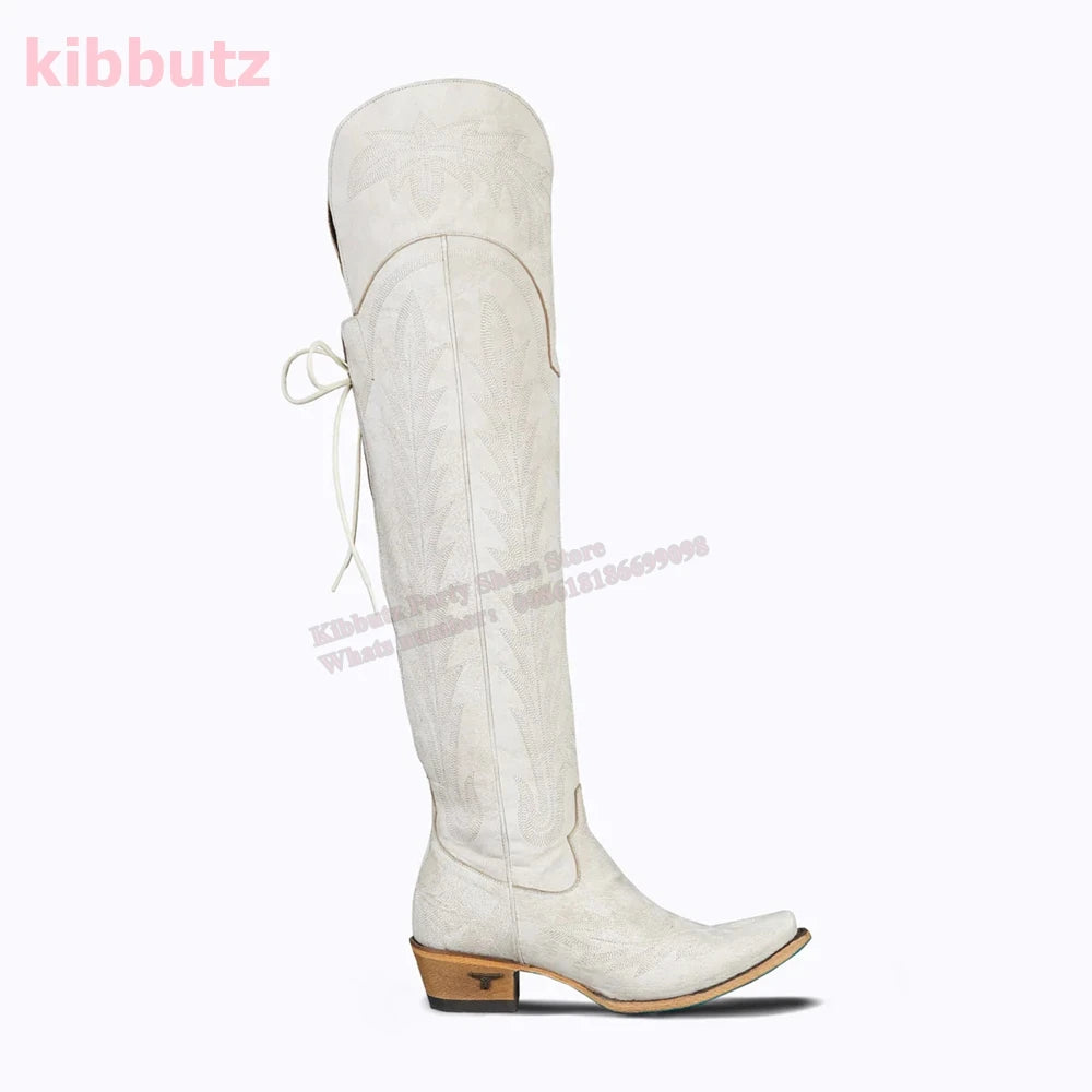 Rivet Cowboy Vintage Boots Over The Knee High Embroidery Lace-Up Luxury Leather Pointed Toe Chunky Heels Fashion Concise Shoes