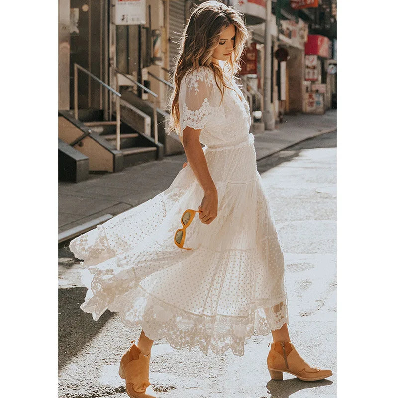 Summer Women V-Neck Embroidery Slim-Fit Short Sleeve Long Dress Beach Bohemian Wedding White Lace Dress