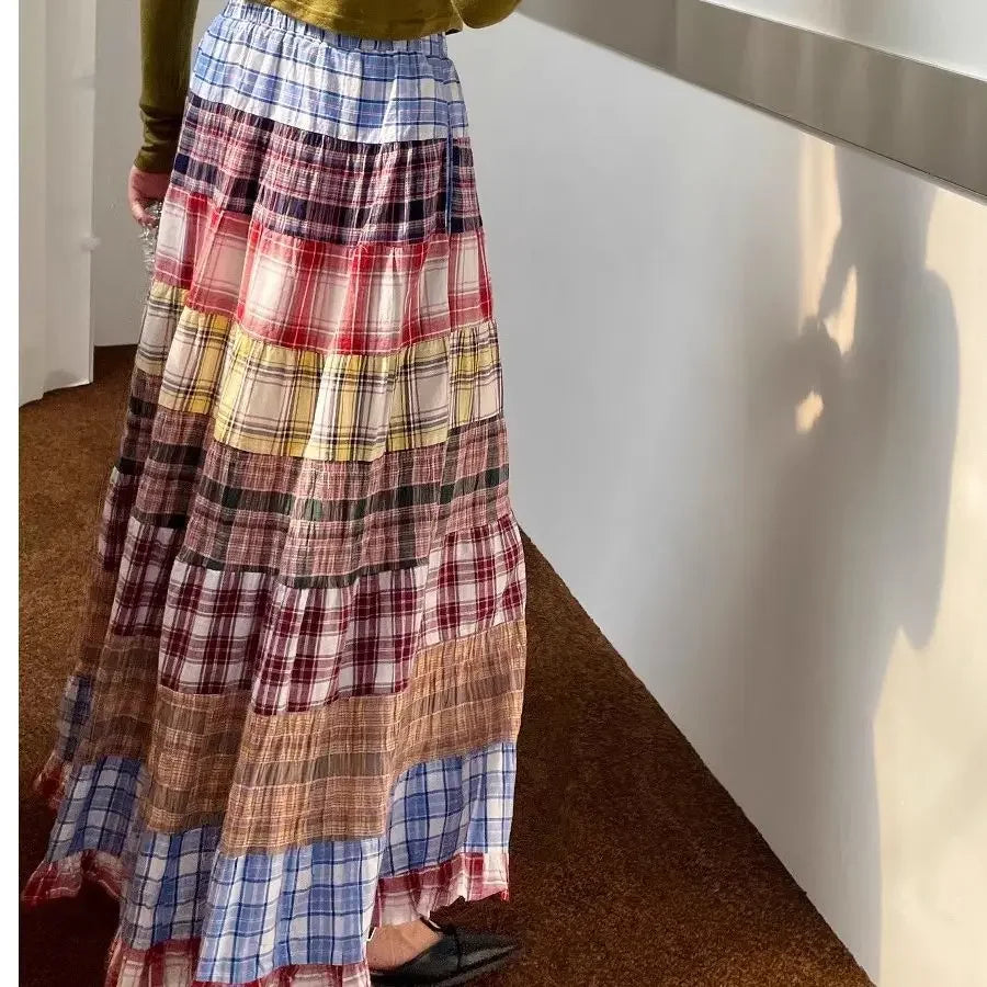 High Waist Plaid Patchwork A- Line Midi Skirt Women's Spring 2025 New Design Retro Unique Long Umbrella Skirt Polyester Fiber