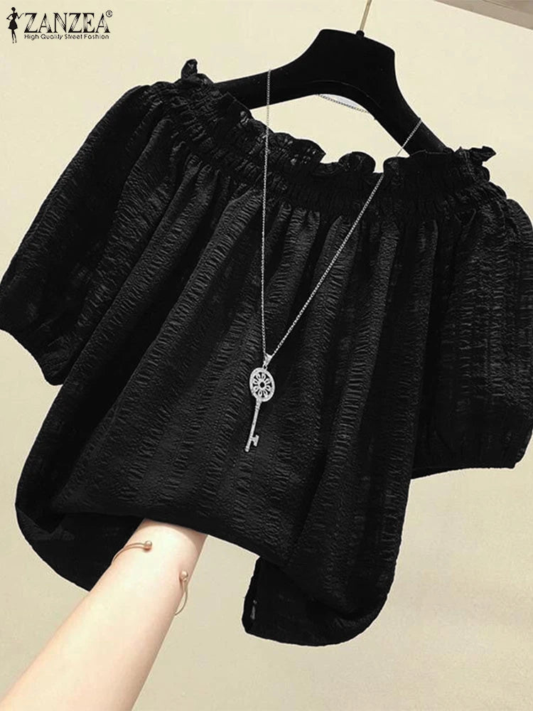 ZANZEA Women Blouse Summer Tops Solid Color Puff Sleeve2025 O Neck Tunic Female Shirts Loose Casual OL Work Blusas Oversized
