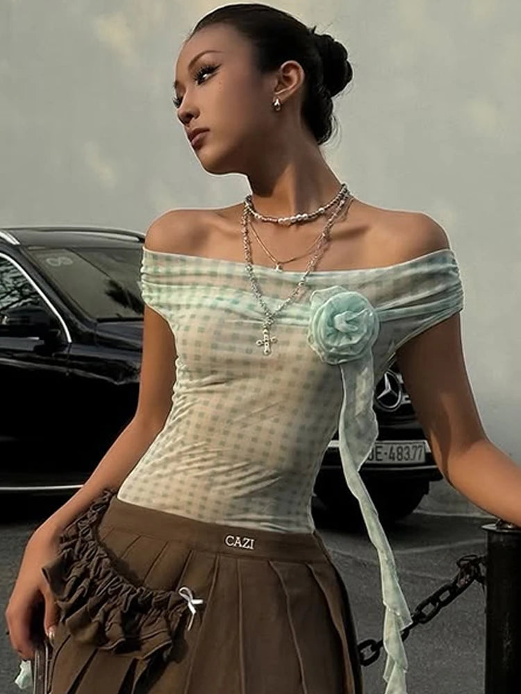 Weird Puss Plaid Print Applique Tops Women Mesh See Through Off Shoulder Backless Tassel Hot Girls Street Fashion Trend T-Shirts