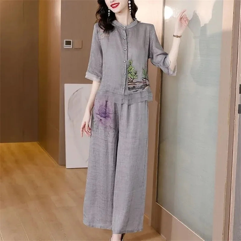Grey Summer Art Embroidery Chinese Style Set Linen Western Style Summer Wide Leg Pants Casual Fashion Two piece Cotton Set XXXL