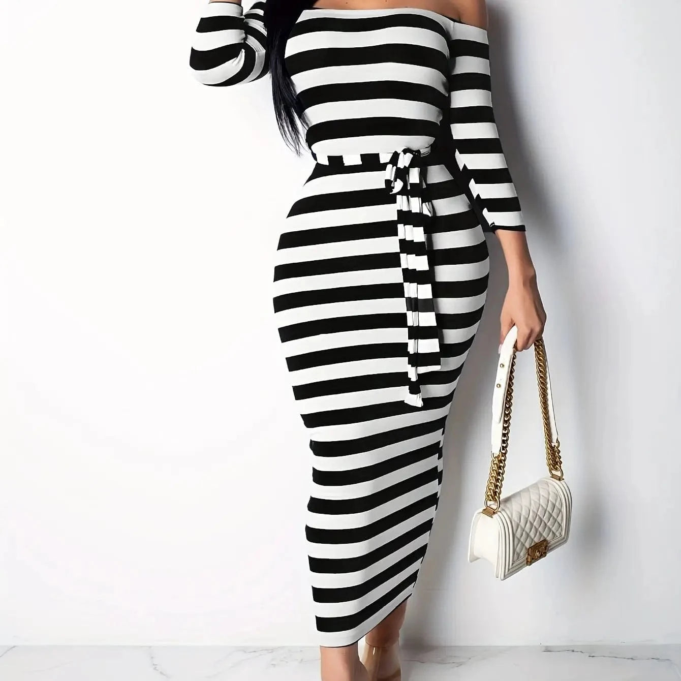New 2024 Casual Women Dress Summer Striped Bodycon Midi Dresses Slash Neck Lace Up Three Quarter Pencil Dresses
